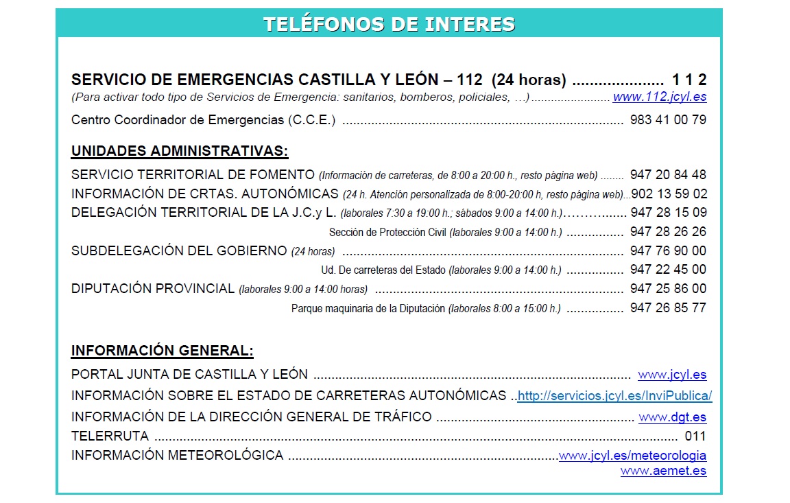 TELEFONOS DE INTERÉS - PREVENCION DE NEVADAS